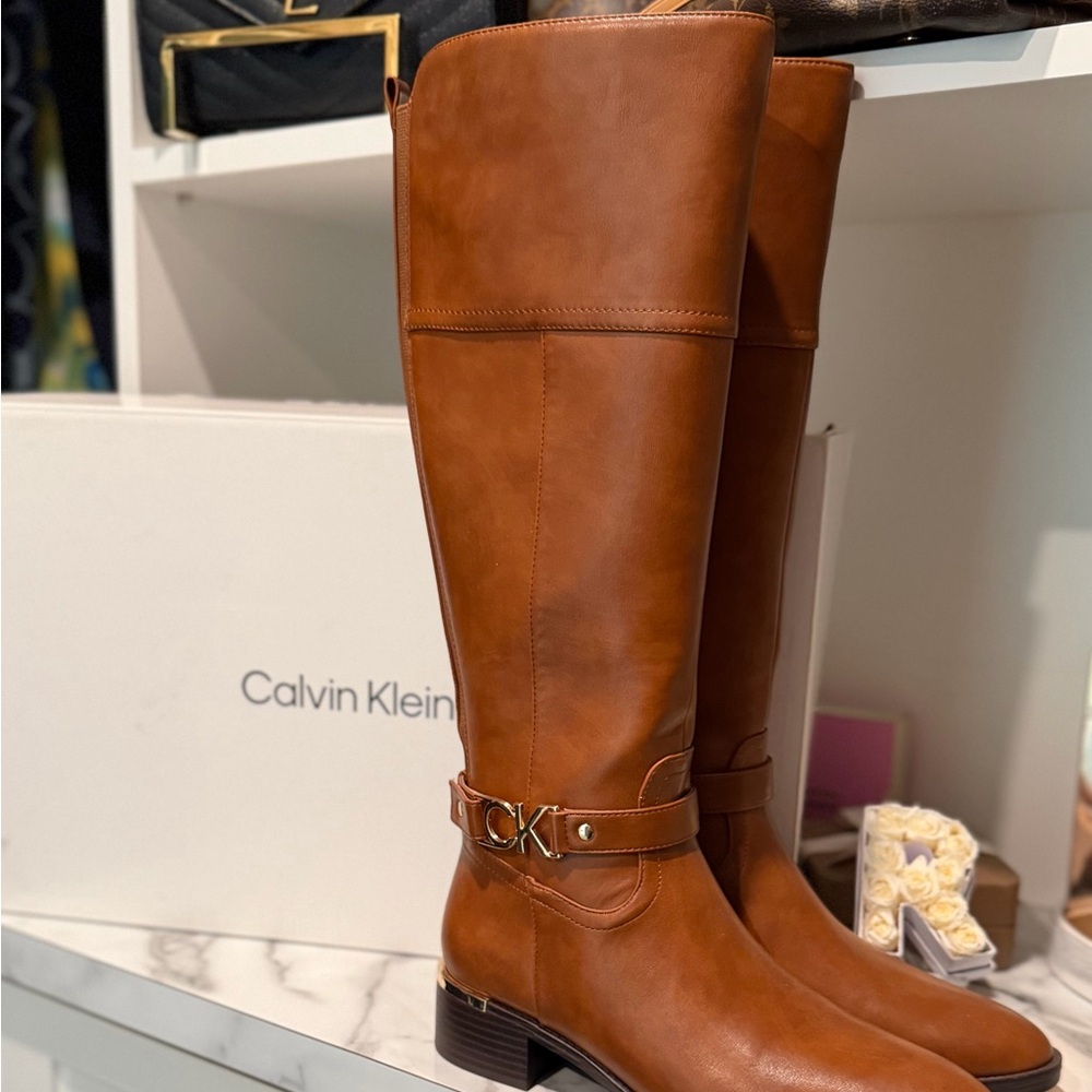 Calvin Klein Cognac Leather Knee-High Riding Boots